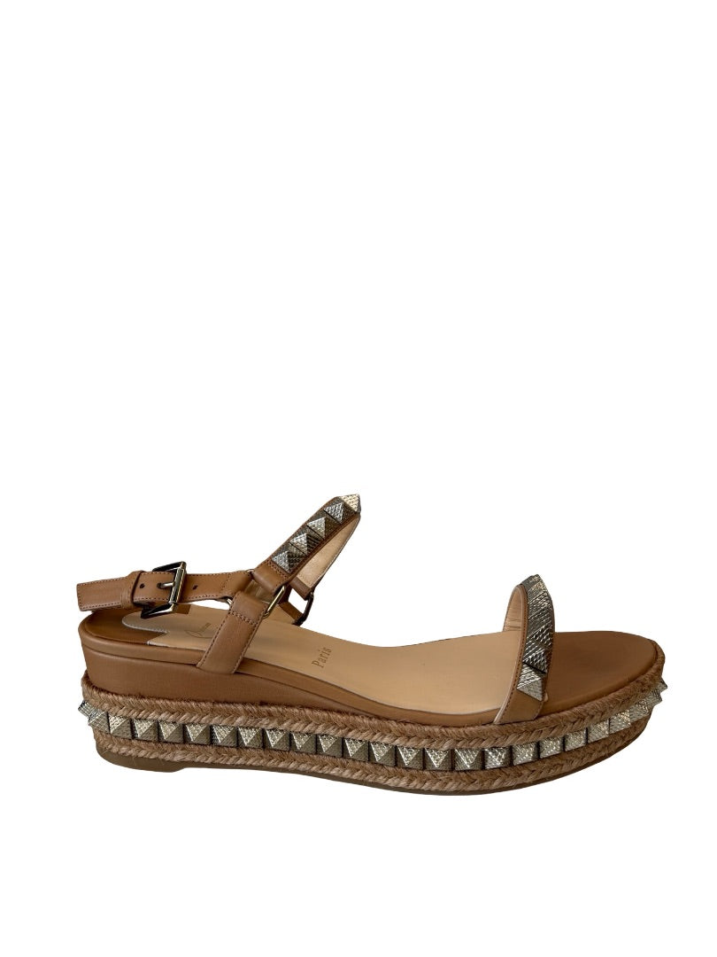 Christian Louboutin Camel Studded 'Pyraclou 60' Espadrille Wedge Heels. Size: 41