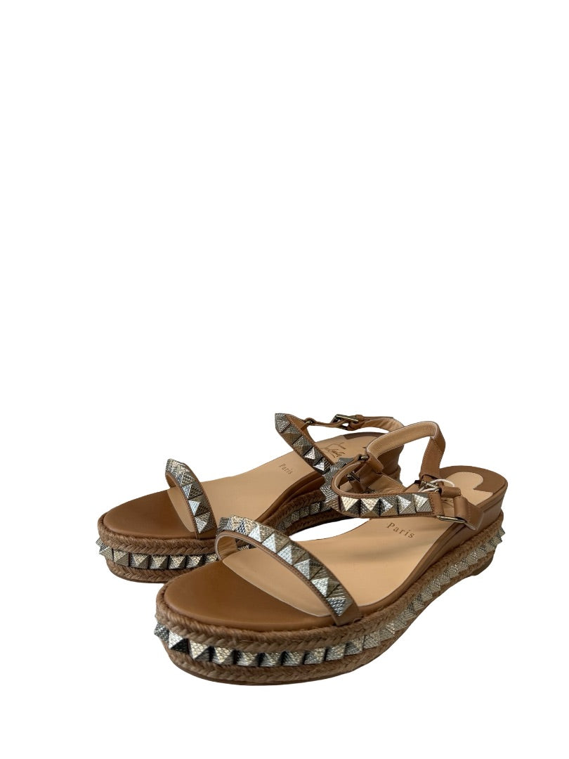 Christian Louboutin Camel Studded 'Pyraclou 60' Espadrille Wedge Heels. Size: 41