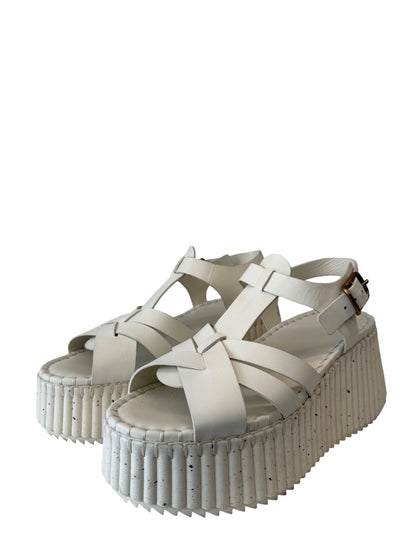 Chloe White Nama 80 Leather Wedge Platform Sandals. Size: 40
