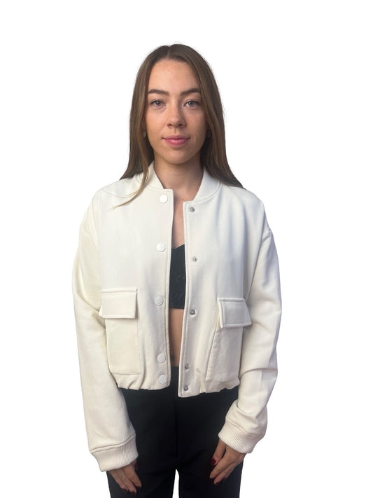 Second Female Cream Cropped Nylon Bomber. Size: S