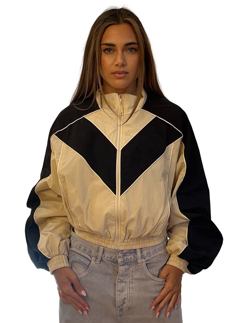 Ronny Kobo Beige Nylon Cropped Sporty Jacket. Size: S