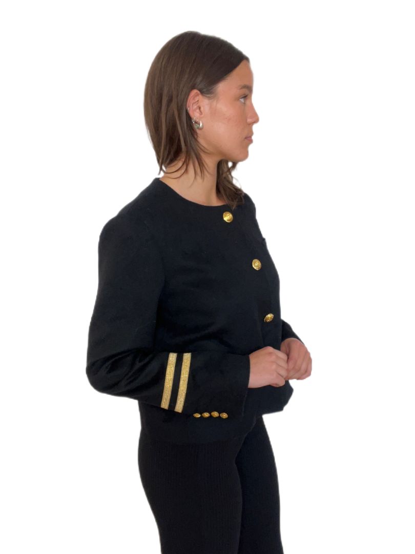 Celine Black Round Neck Jacket w Gold Detail on Arms. Size: 36