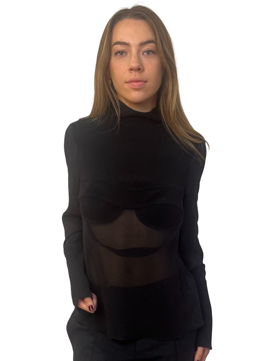 Dion Lee Black Sculpted Chest Sheer Turtle Neck. Size: 12