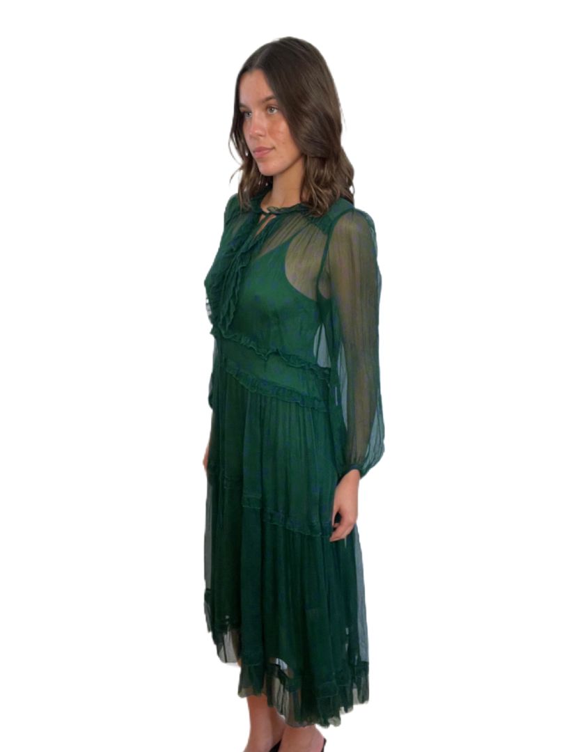 Lee Matthews Dark Green Long Sheer Flow Dress W Slip. Size: 2