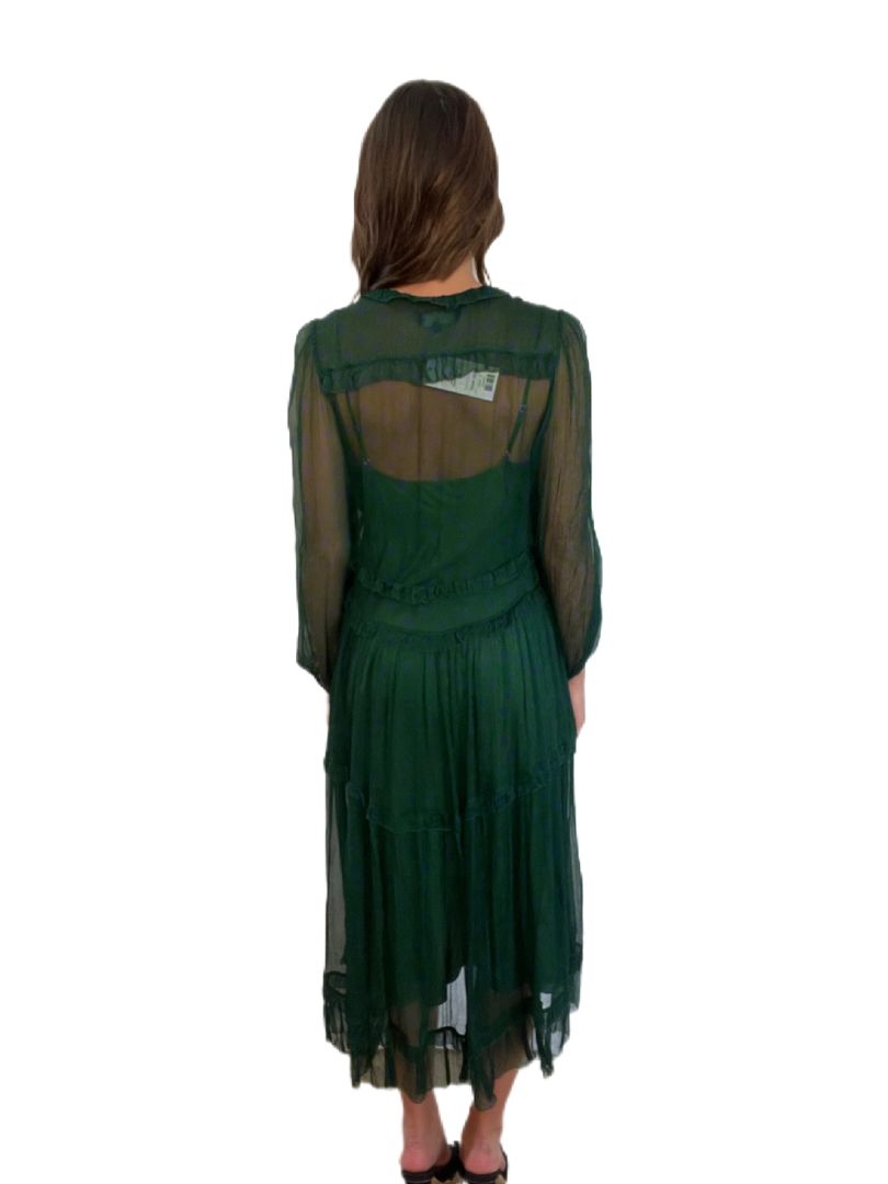 Lee Matthews Dark Green Long Sheer Flow Dress W Slip. Size: 2