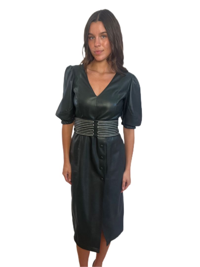 Beatrice Dark Green Faux Leather Dress W Belt. Size: S