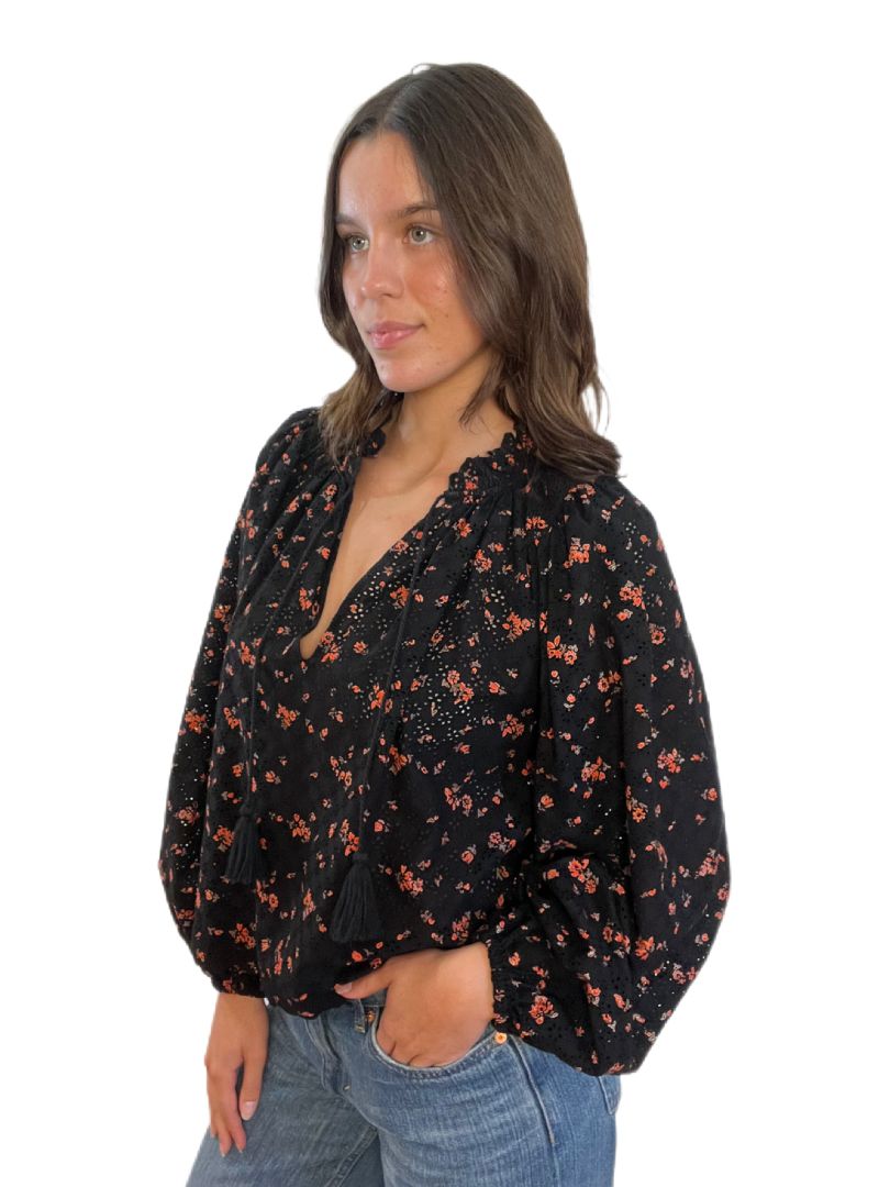 Ulla Johnson Black W Floral Pattern Long Sleeve Loose Top. Size: 2