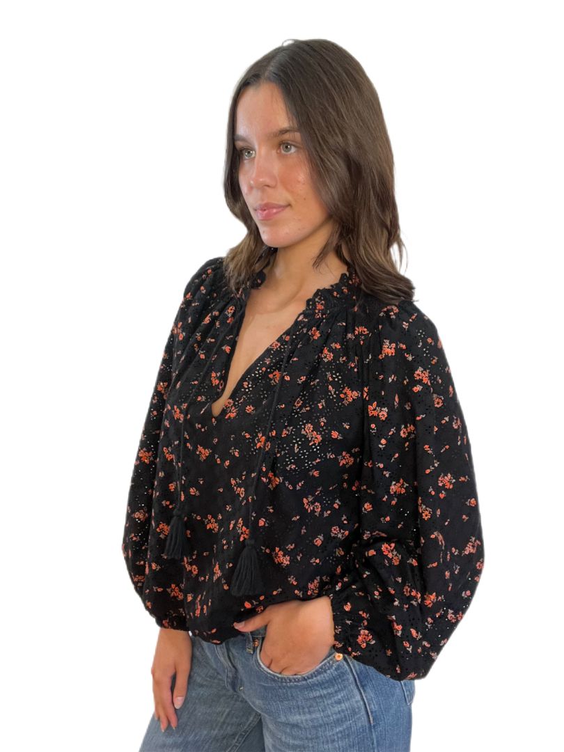 Ulla Johnson Black W Floral Pattern Long Sleeve Loose Top. Size: 2