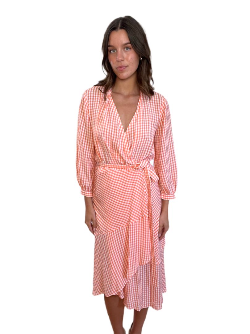 Scanlan Theodore Orange & White Gingham Long- Sleeve Maxi Dress. Size: Medium