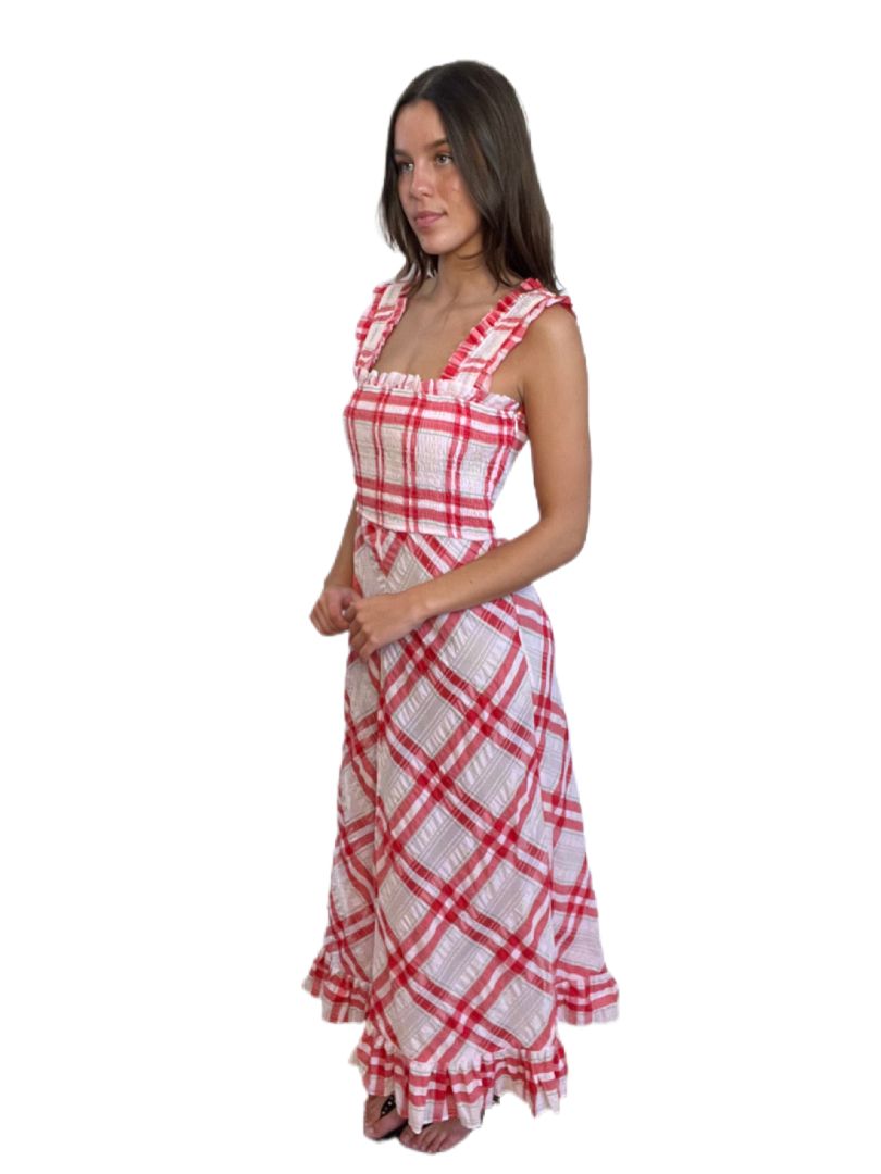 Ganni Red, Pink & Green Gingham Maxi Dress. Size: 40