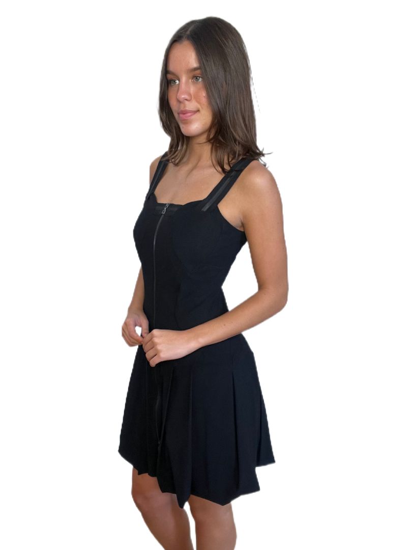 High Tech Black Dress w Thin Straps Long Front Zip. Size: 8