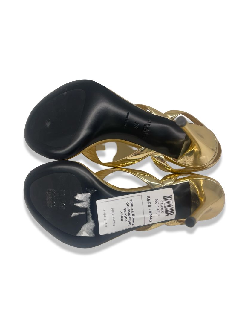 Alaia Gold Patent 'Infradito 90' Thong Pumps. Size: 38