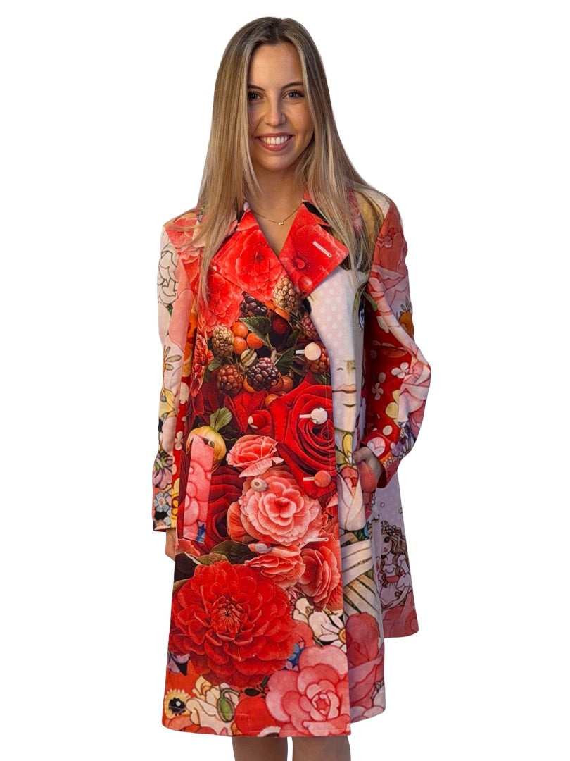 Comme Des Garcons X TakahashMacotoi Red/Multi Double Breasted 'Dreaming Girl' Floral Coat. Size: M