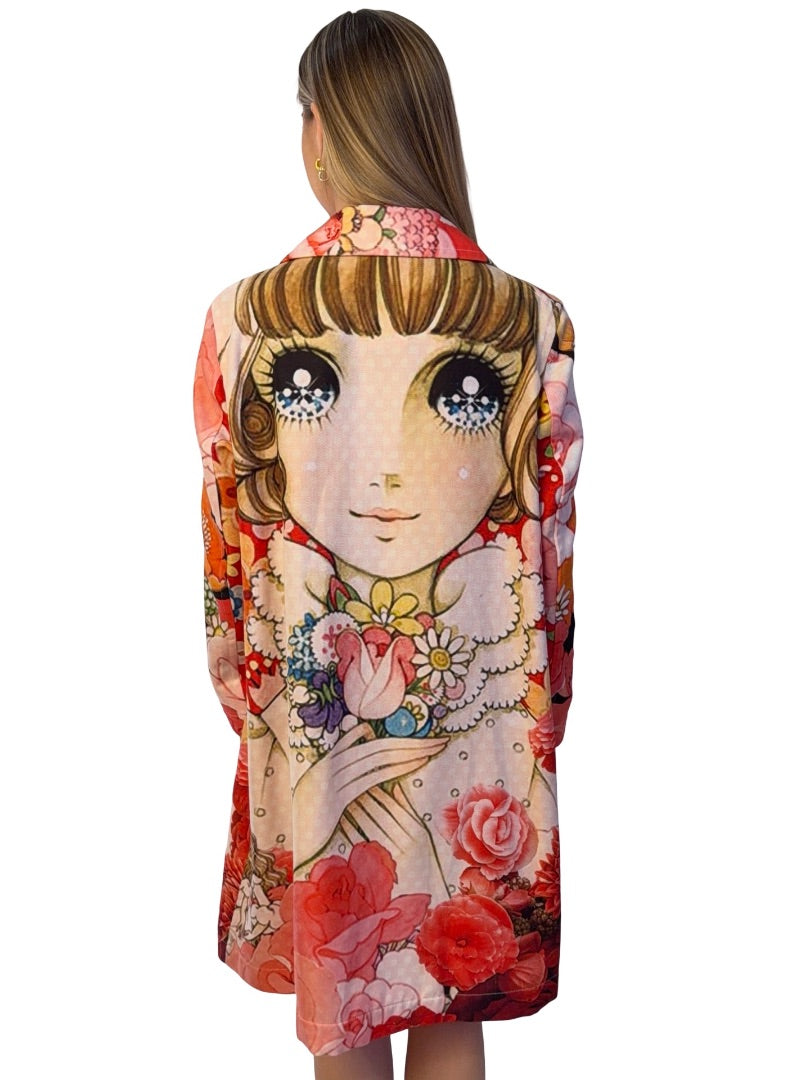 Comme Des Garcons X TakahashMacotoi Red/Multi Double Breasted 'Dreaming Girl' Floral Coat. Size: M