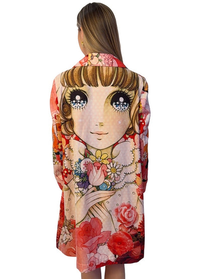 Comme Des Garcons X TakahashMacotoi Red/Multi Double Breasted 'Dreaming Girl' Floral Coat. Size: M