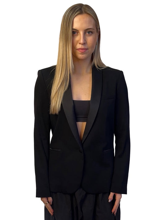 Sandro Black Satin Lapel Single Breasted Blazer. Size: 40