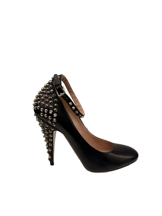 Miu Miu Black Leather Studded Ankle Strap Pumps. Size: 38
