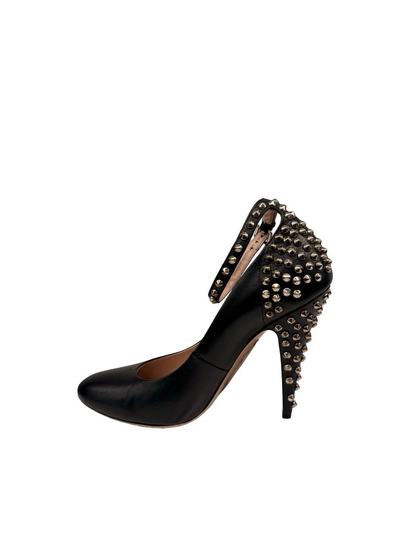 Miu Miu Black Leather Studded Ankle Strap Pumps. Size: 38