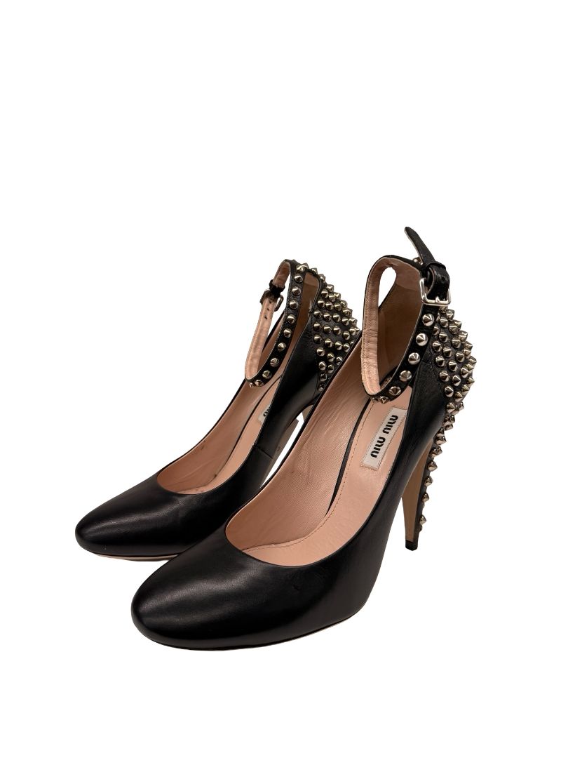 Miu Miu Black Leather Studded Ankle Strap Pumps. Size: 38