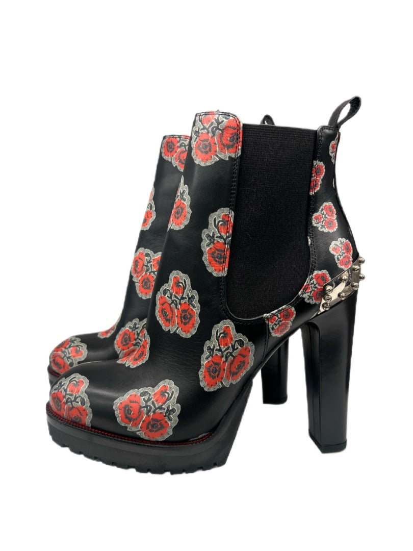 Alexander McQueen Black Leather Boots Rose Print & Metal Plate. Size: 38