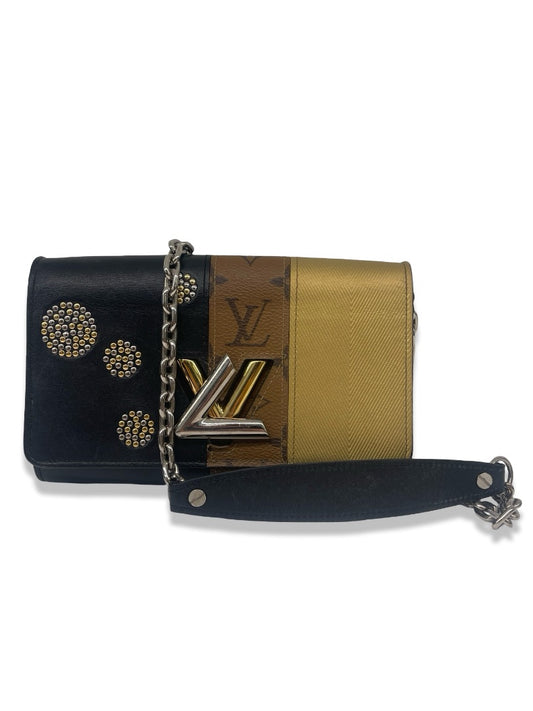 Louis Vuitton Black / Brown / Gold Louis Vuitton Reverse Monogram Studded Night Lights Twist Wallet On Chain.