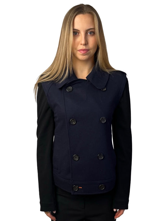 Y-3 Navy/Black Two Tone Double Breasted Pea Coat. Size: M