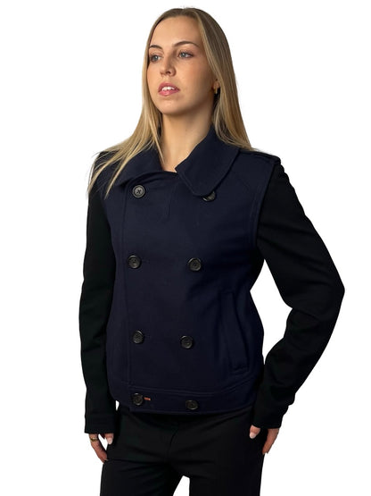 Y-3 Navy/Black Two Tone Double Breasted Pea Coat. Size: M