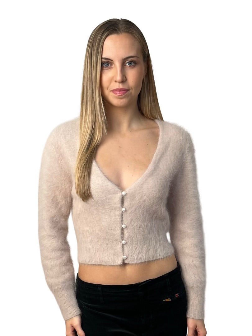 Antalya Neutral Angora Cardigan w/ Pearl Buttons. Size: L