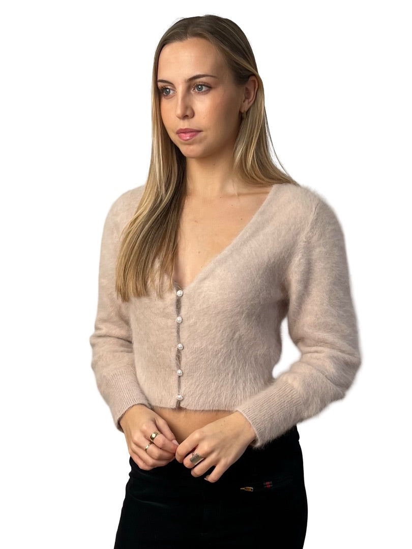 Antalya Neutral Angora Cardigan w/ Pearl Buttons. Size: L