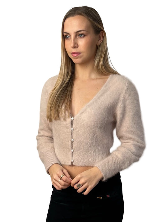 Antalya Neutral Angora Cardigan w/ Pearl Buttons. Size: L