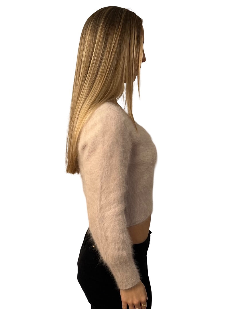 Antalya Neutral Angora Cardigan w/ Pearl Buttons. Size: L