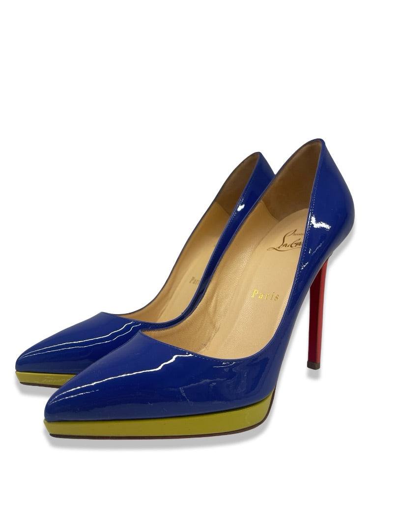 Christian Louboutin Blue Pigalle Plato 120 Patent Pumps. Size: 37.5