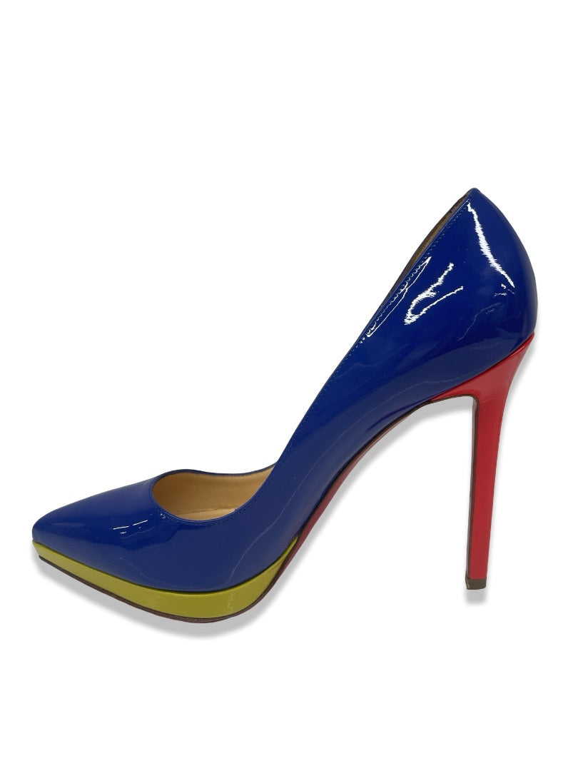 Christian Louboutin Blue Pigalle Plato 120 Patent Pumps. Size: 37.5