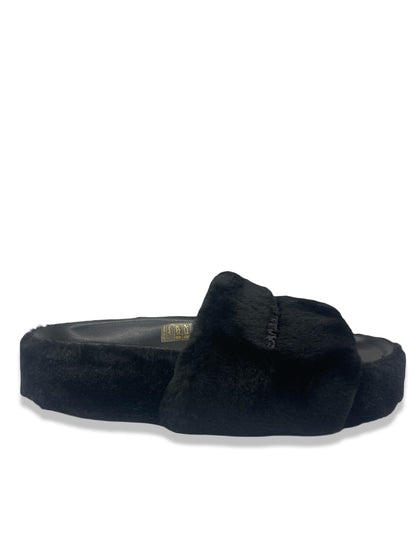 Stella McCartney Black Platform Faux Fur Slides. Size: 38