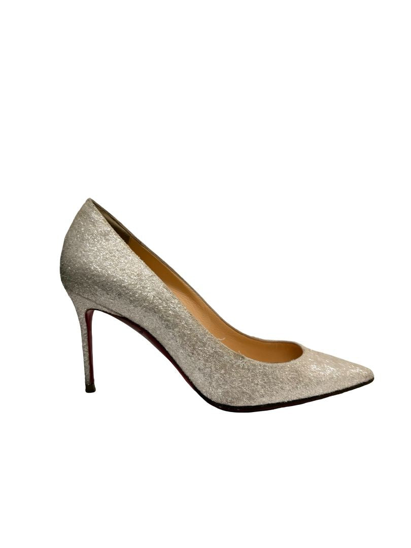 Christian Louboutin White 'Decollete 85' Glitter Pumps. Size: 37.5