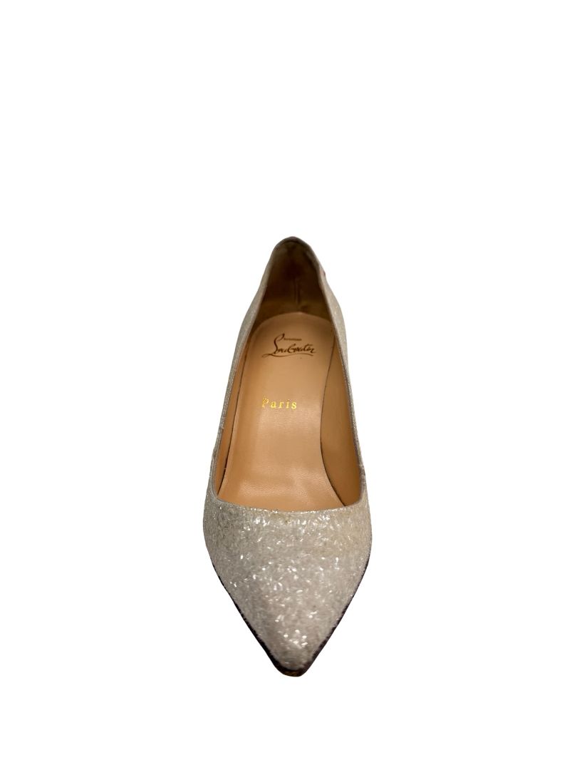 Christian Louboutin White 'Decollete 85' Glitter Pumps. Size: 37.5