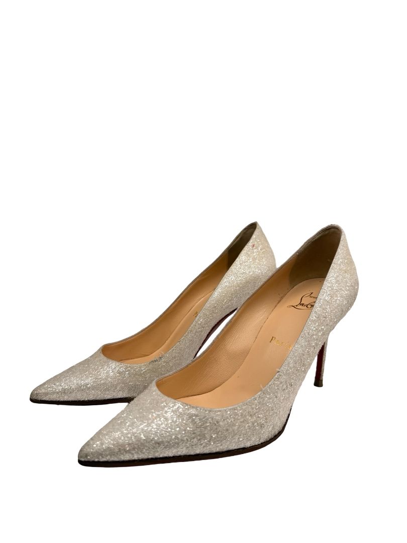 Christian Louboutin White 'Decollete 85' Glitter Pumps. Size: 37.5