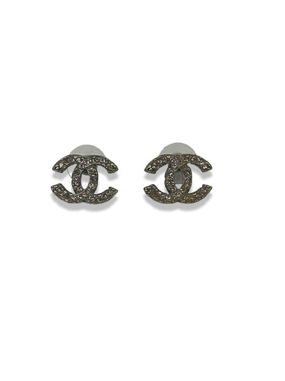 Chanel Silver CC Pink Crystal Stud Earrings.