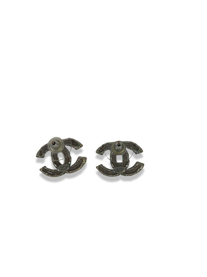 Chanel Silver CC Pink Crystal Stud Earrings.