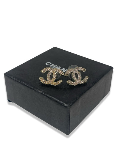 Chanel Silver CC Pink Crystal Stud Earrings.