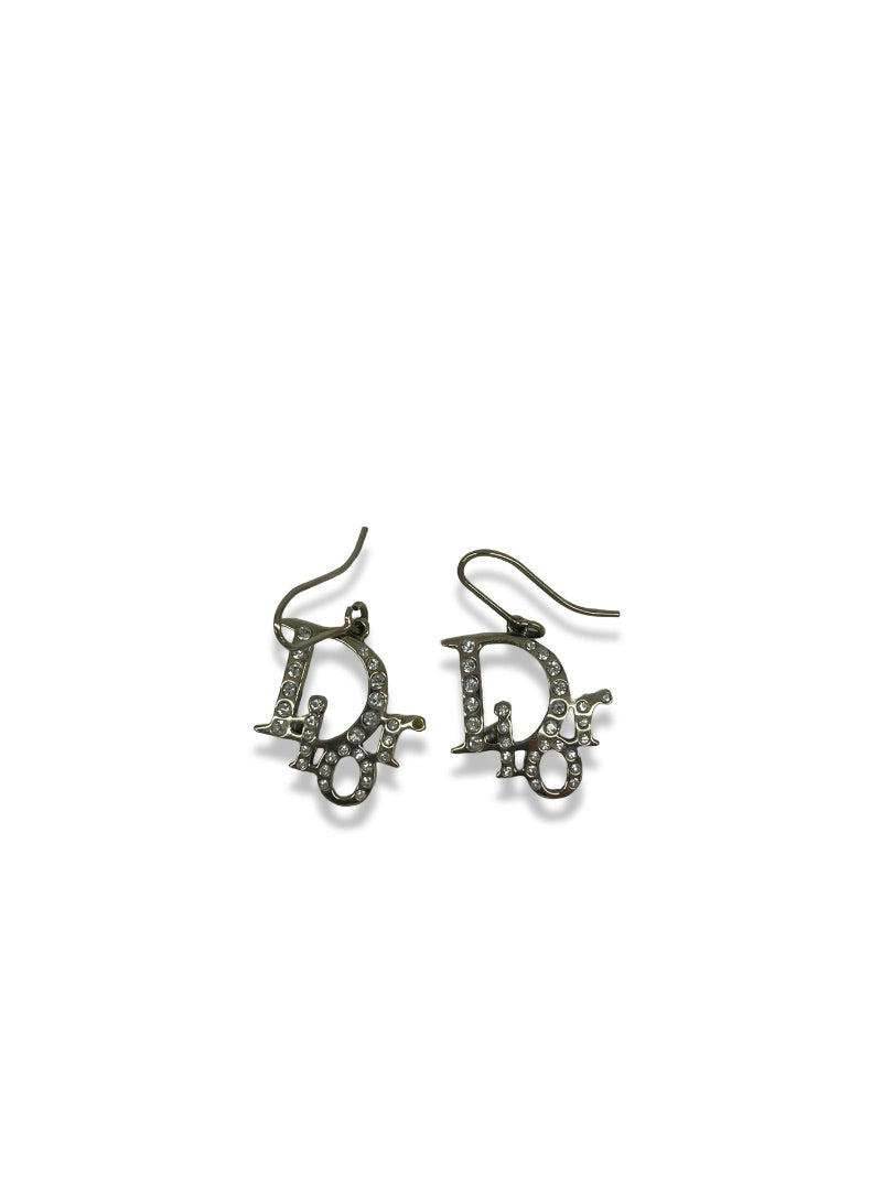 Christian Dior Silver Oblique Crystal Hook Earrings.