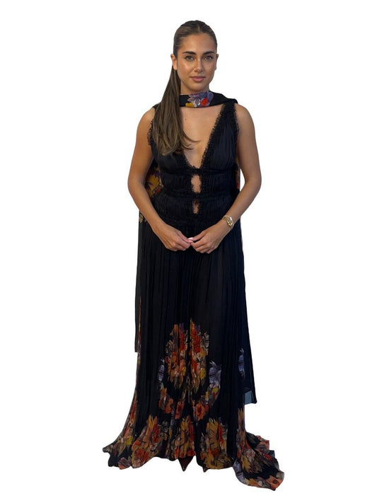 Roberto Cavalli Black / Multi-Colour Silk Floral Print Dress & Scarf Set. Size: 42