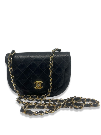 Chanel Black Vintage Quilted Lambskin Half Moon Flap Bag.