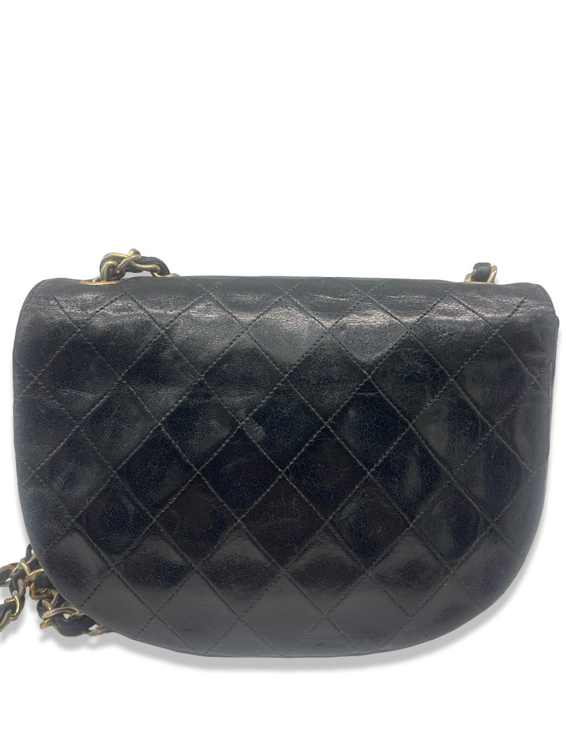 Chanel Black Vintage Quilted Lambskin Half Moon Flap Bag.