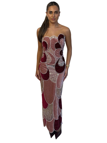 Rayane Bacha Multicolour Embroidered Velvet Strapless 'Raisa' Gown. Size: 38