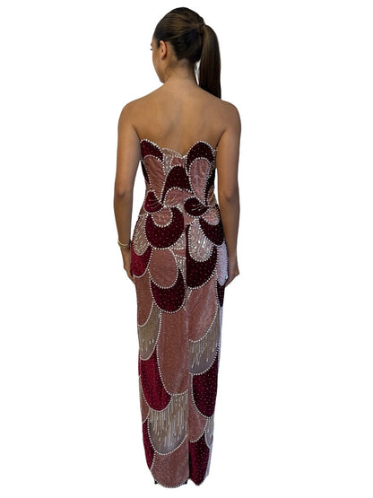 Rayane Bacha Multicolour Embroidered Velvet Strapless 'Raisa' Gown. Size: 38