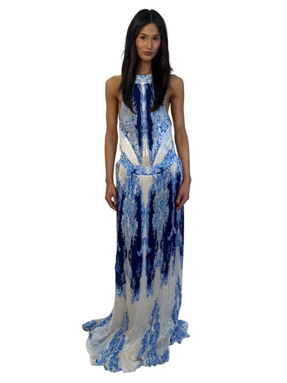 Roberto Cavalli Blue / Cream Floral Print Pleated Halterneck Dress. Size: 42