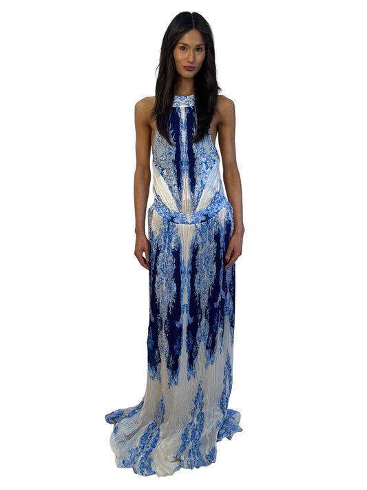 Roberto Cavalli Blue / Cream Floral Print Pleated Halterneck Dress. Size: 42