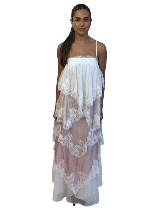 Aje White / Pink 'Ophelia' Lace Tiered Gown. Size: 6