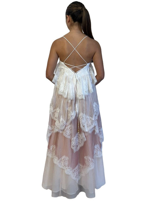 Aje White / Pink 'Ophelia' Lace Tiered Gown. Size: 6